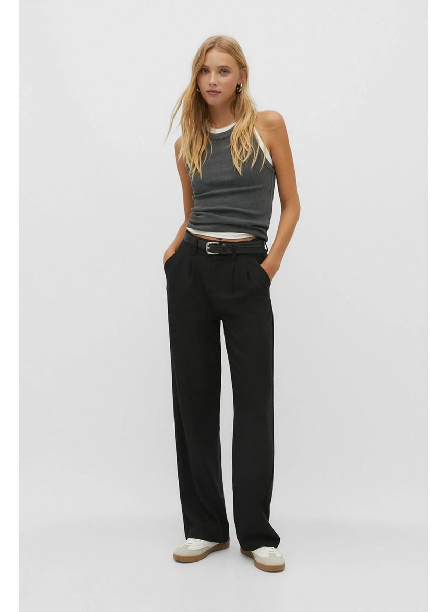 Women's Black Double Pleated Belted Poly Viscose Palazzo Trousers