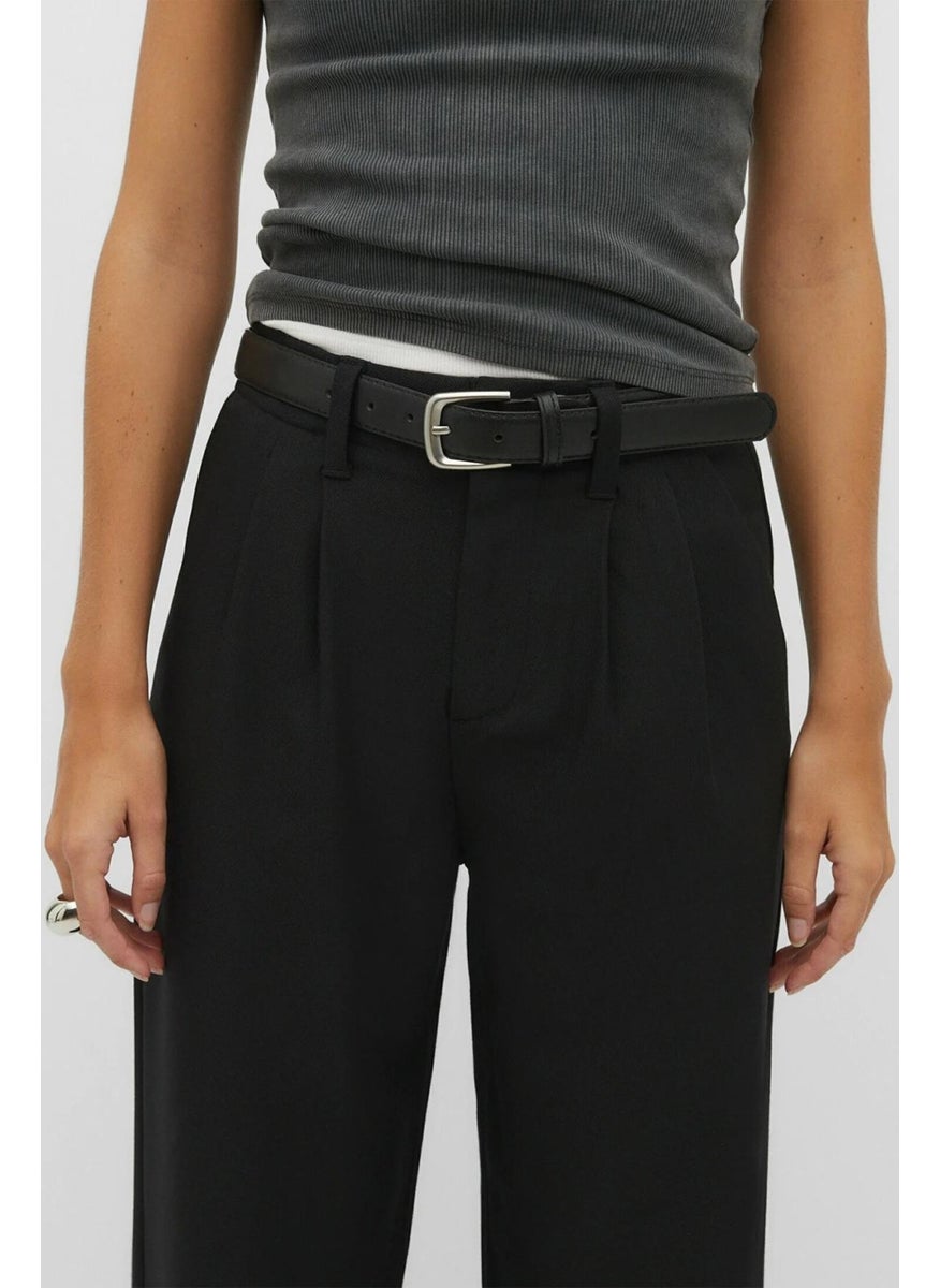 Women's Black Double Pleated Belted Poly Viscose Palazzo Trousers