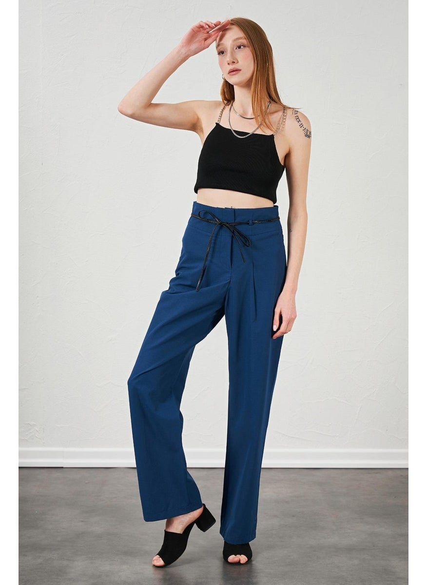 Women's Indigo High Waist Leather Belted Poplin Trousers
