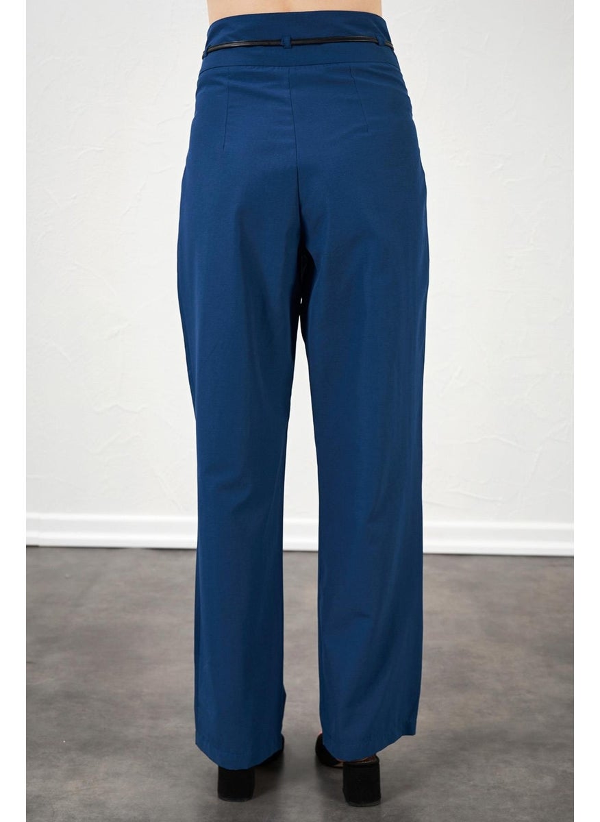 Women's Indigo High Waist Leather Belted Poplin Trousers