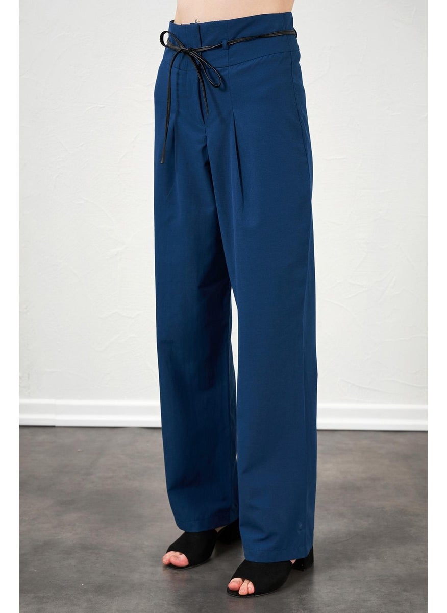 Women's Indigo High Waist Leather Belted Poplin Trousers