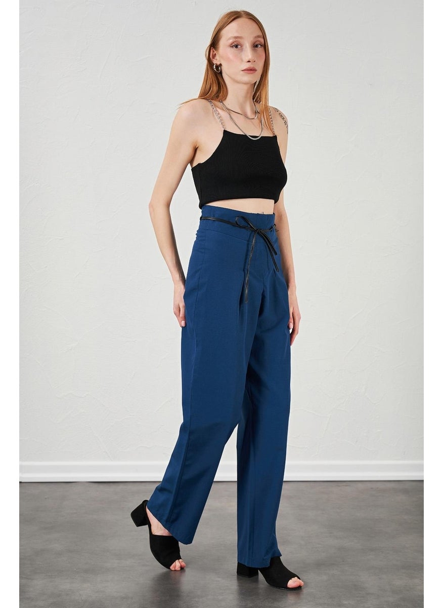 Women's Indigo High Waist Leather Belted Poplin Trousers