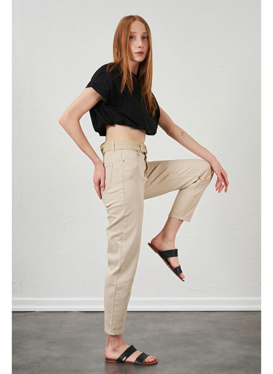 Women's Stone Waisted Gabardine Basic Trousers with Self-Belt
