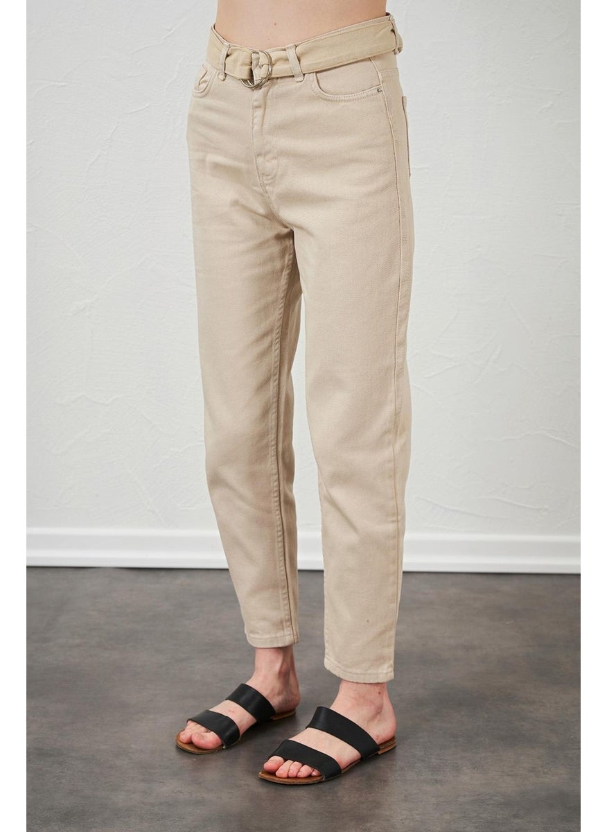 Women's Stone Waisted Gabardine Basic Trousers with Self-Belt