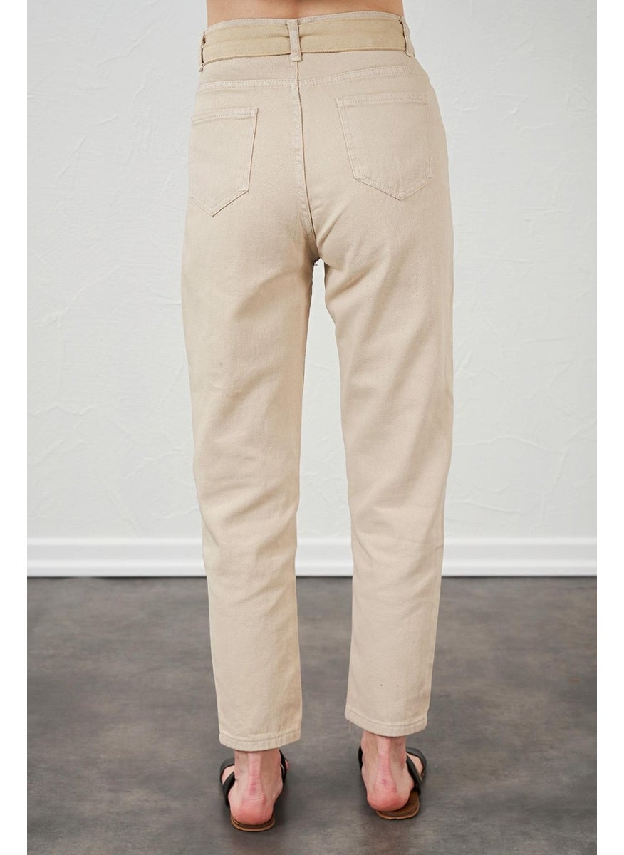 Women's Stone Waisted Gabardine Basic Trousers with Self-Belt
