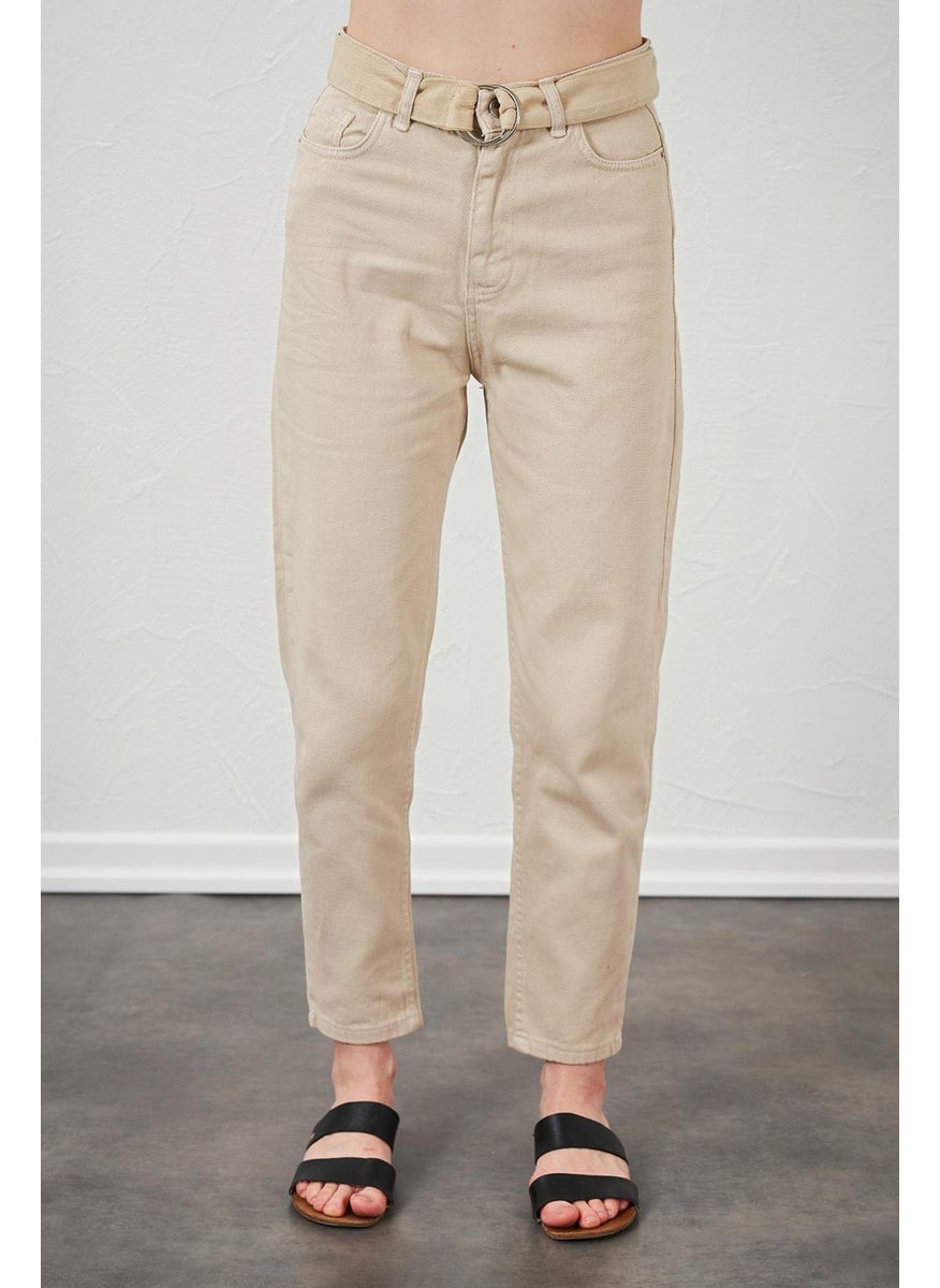 Women's Stone Waisted Gabardine Basic Trousers with Self-Belt