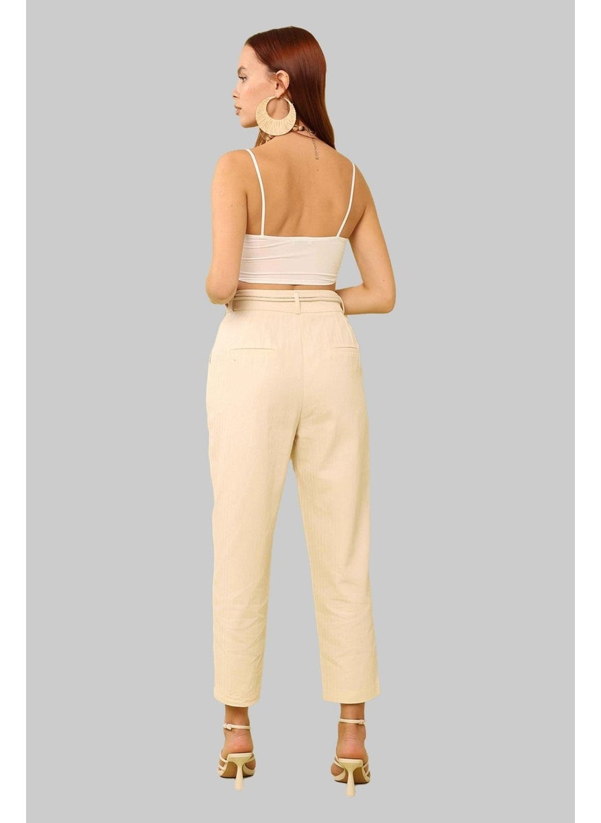 Women's Natural Waist Belted Basic Herringbone Gabardine Fabric Trousers