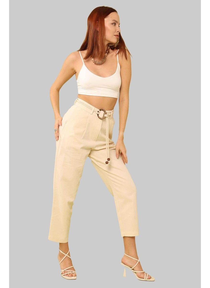Women's Natural Waist Belted Basic Herringbone Gabardine Fabric Trousers