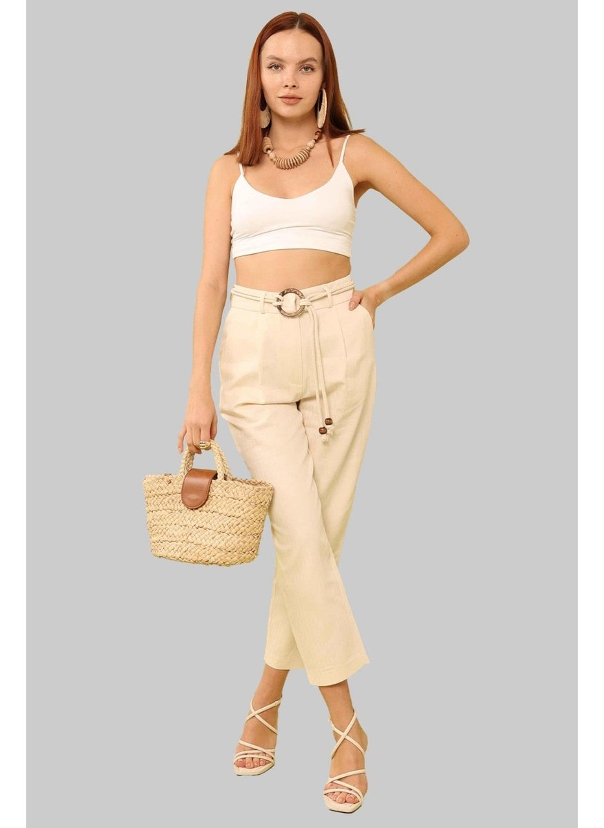 Women's Natural Waist Belted Basic Herringbone Gabardine Fabric Trousers