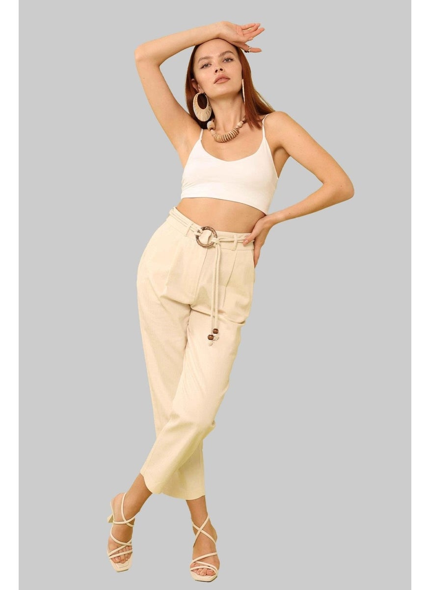 Women's Natural Waist Belted Basic Herringbone Gabardine Fabric Trousers
