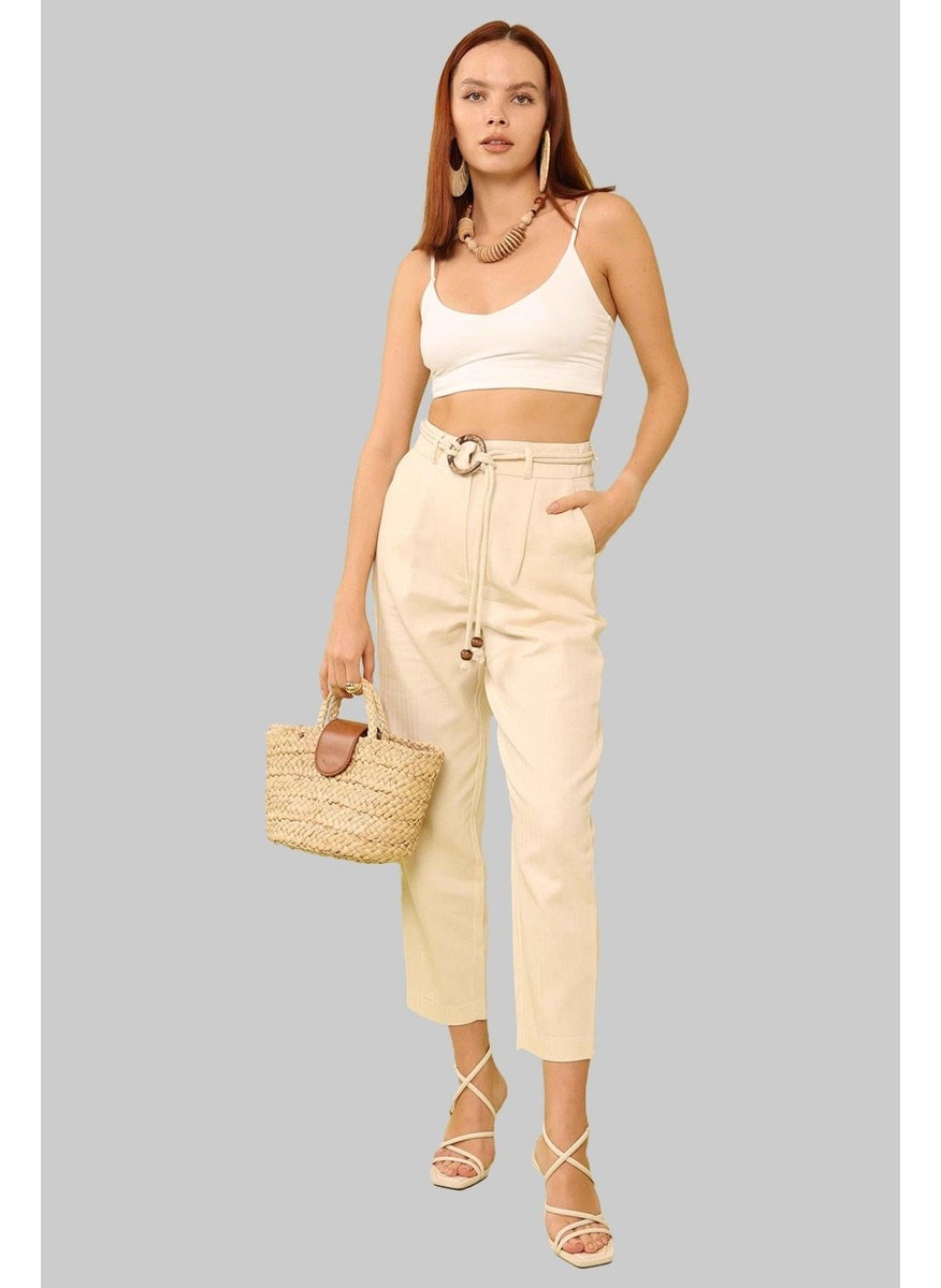 Women's Natural Waist Belted Basic Herringbone Gabardine Fabric Trousers