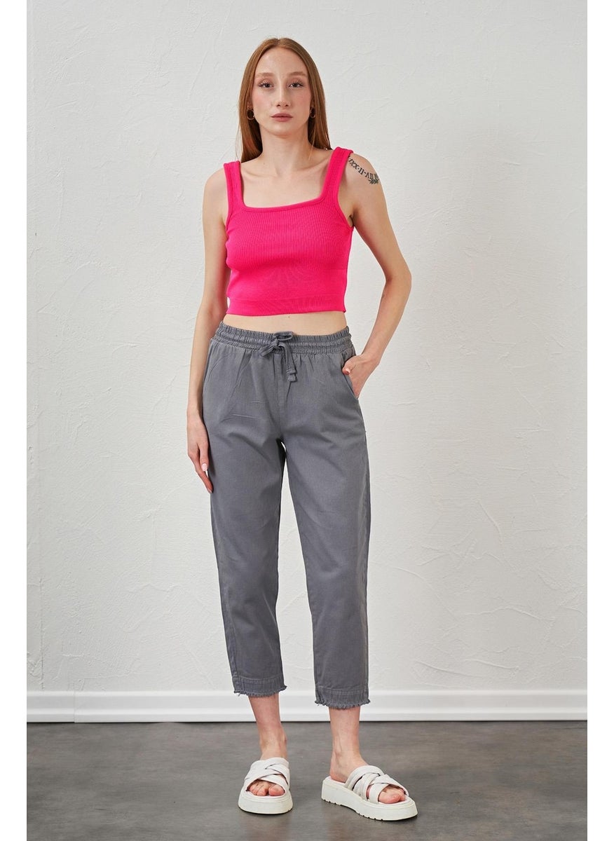 Women's Gray Ankle Dirty Stitched Gabardine Trousers