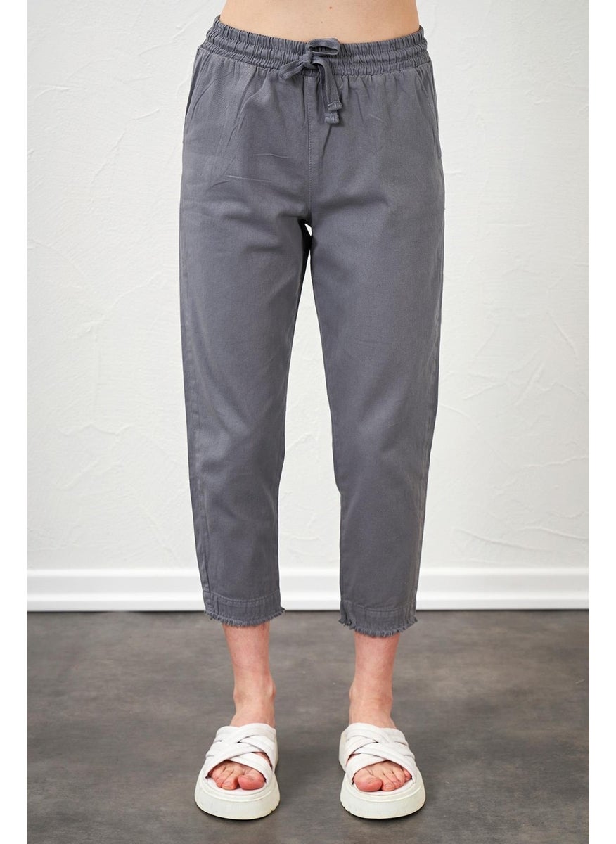 Women's Gray Ankle Dirty Stitched Gabardine Trousers