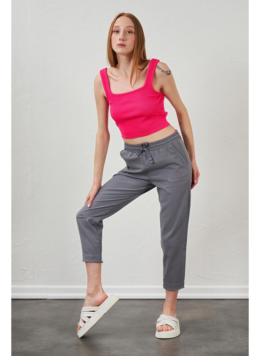 Women's Gray Ankle Dirty Stitched Gabardine Trousers