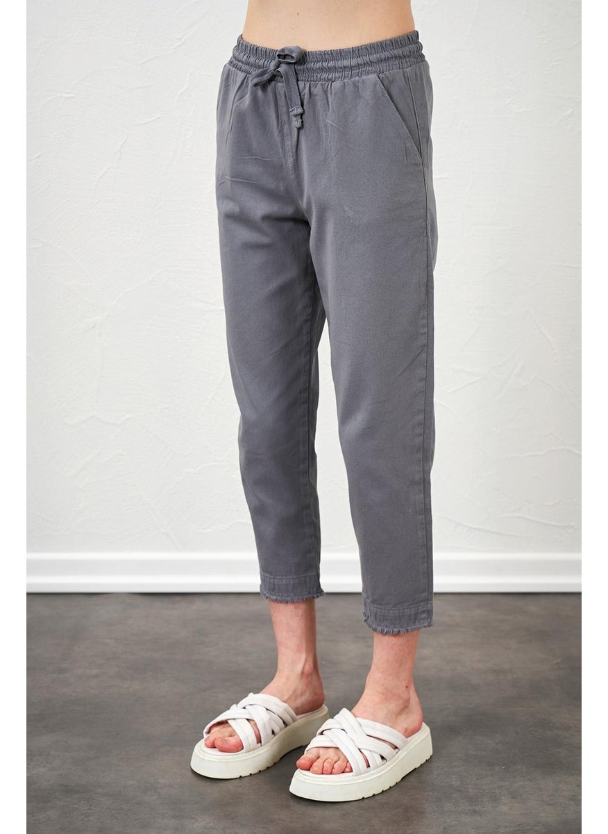 Women's Gray Ankle Dirty Stitched Gabardine Trousers
