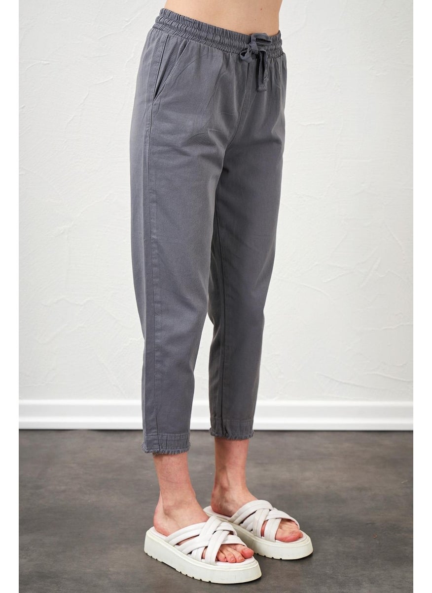 Women's Gray Ankle Dirty Stitched Gabardine Trousers
