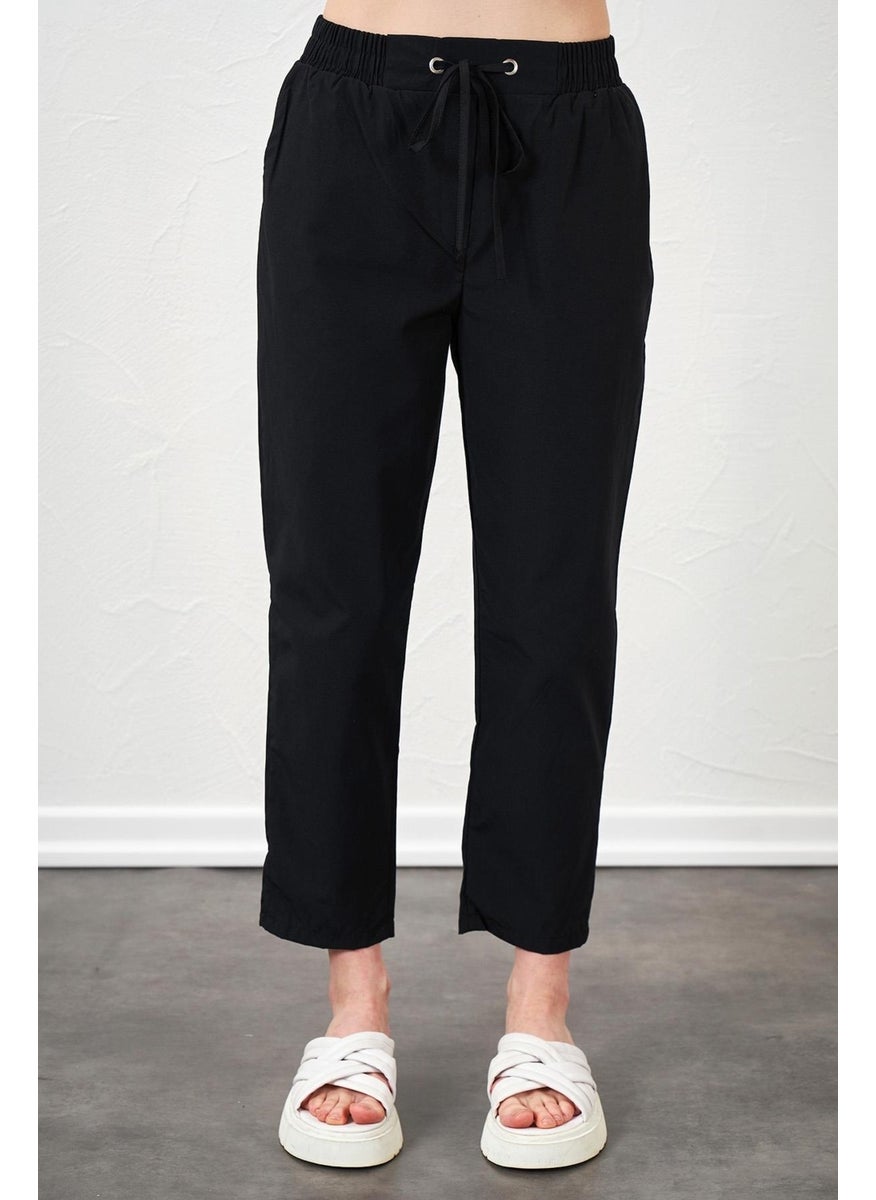 Women's Black Tie Waist Carrot Leg Poplin Trousers