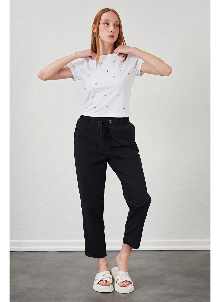 Women's Black Tie Waist Carrot Leg Poplin Trousers