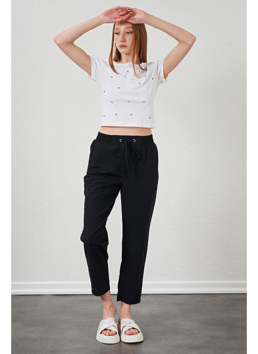 Women's Black Tie Waist Carrot Leg Poplin Trousers