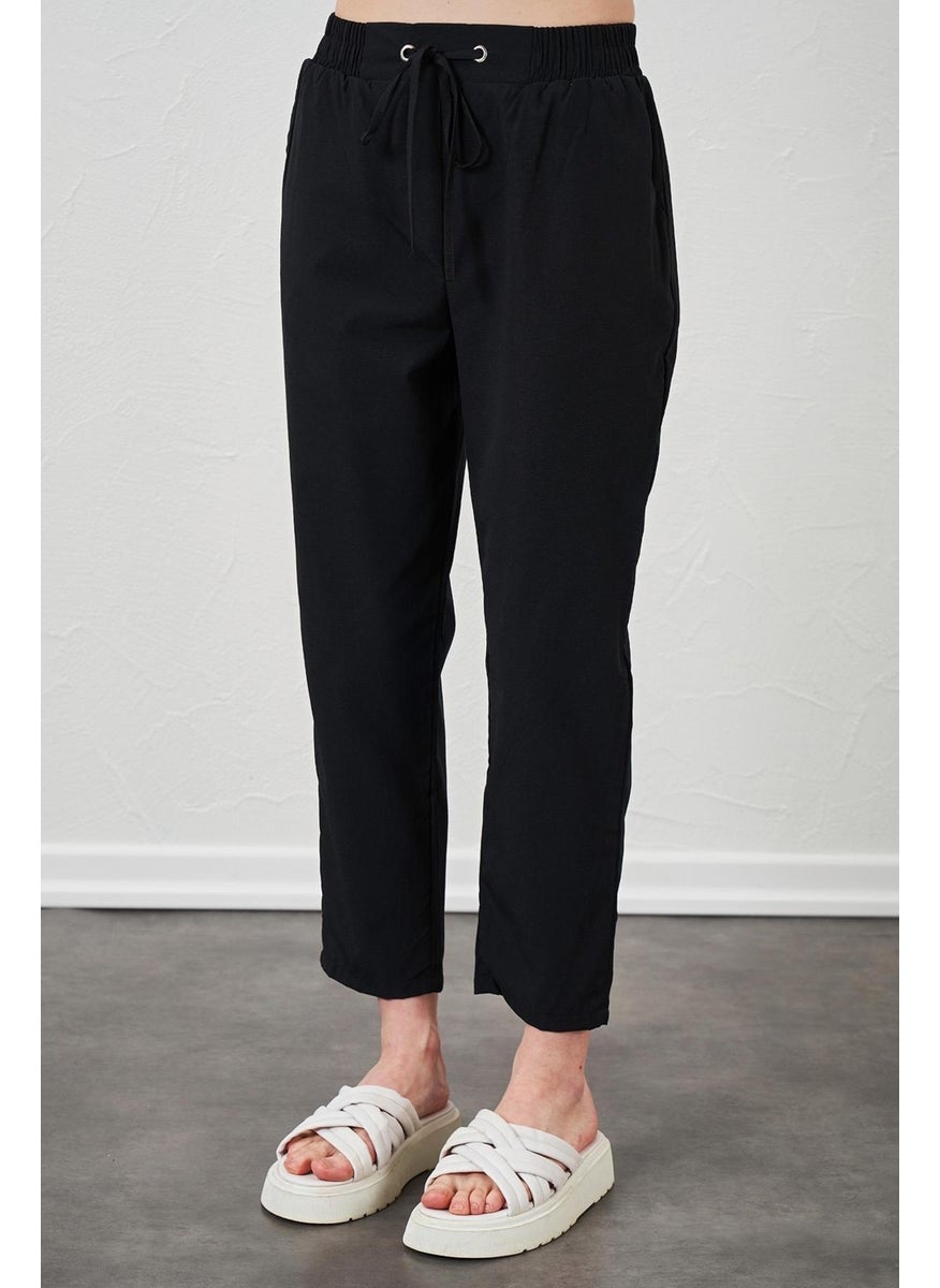 Women's Black Tie Waist Carrot Leg Poplin Trousers