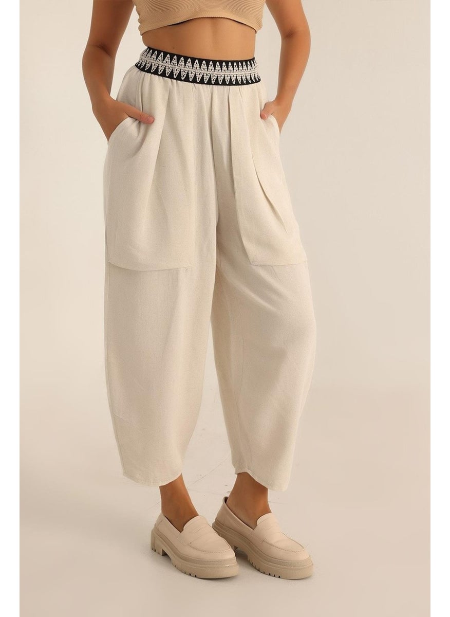 Women's Natural Waist Stripe Large Pocket Wide Leg Pants