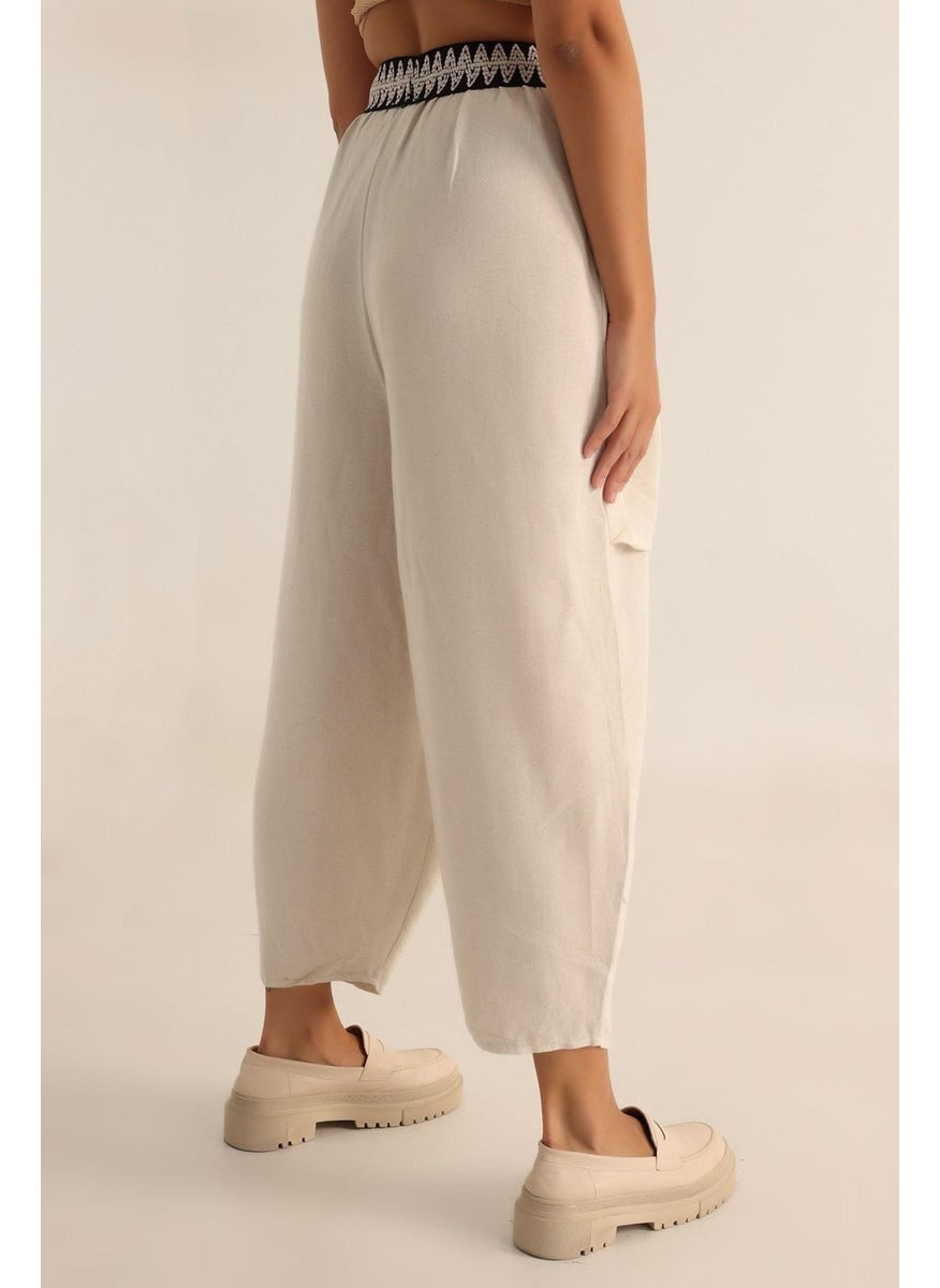 Women's Natural Waist Stripe Large Pocket Wide Leg Pants