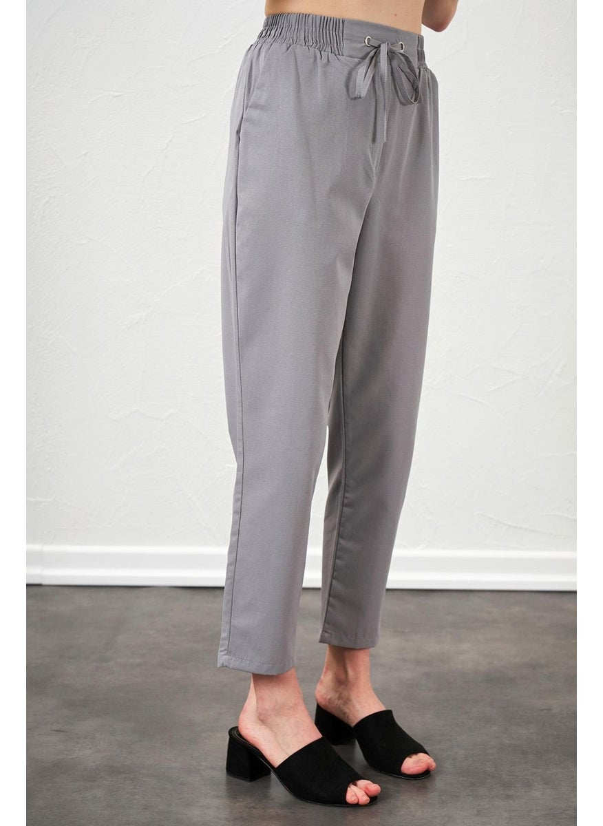 Women's Gray Tie Waist Carrot Leg Poplin Trousers