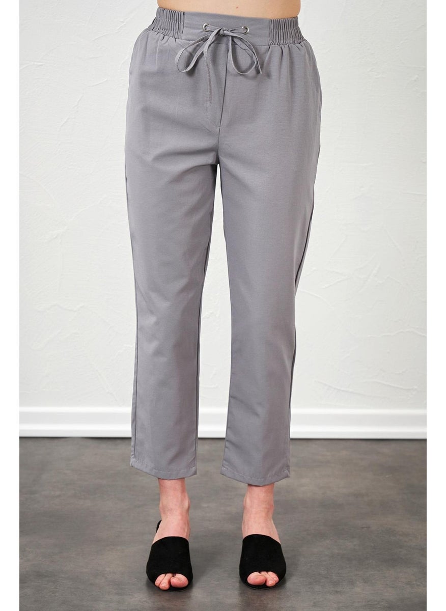 Women's Gray Tie Waist Carrot Leg Poplin Trousers
