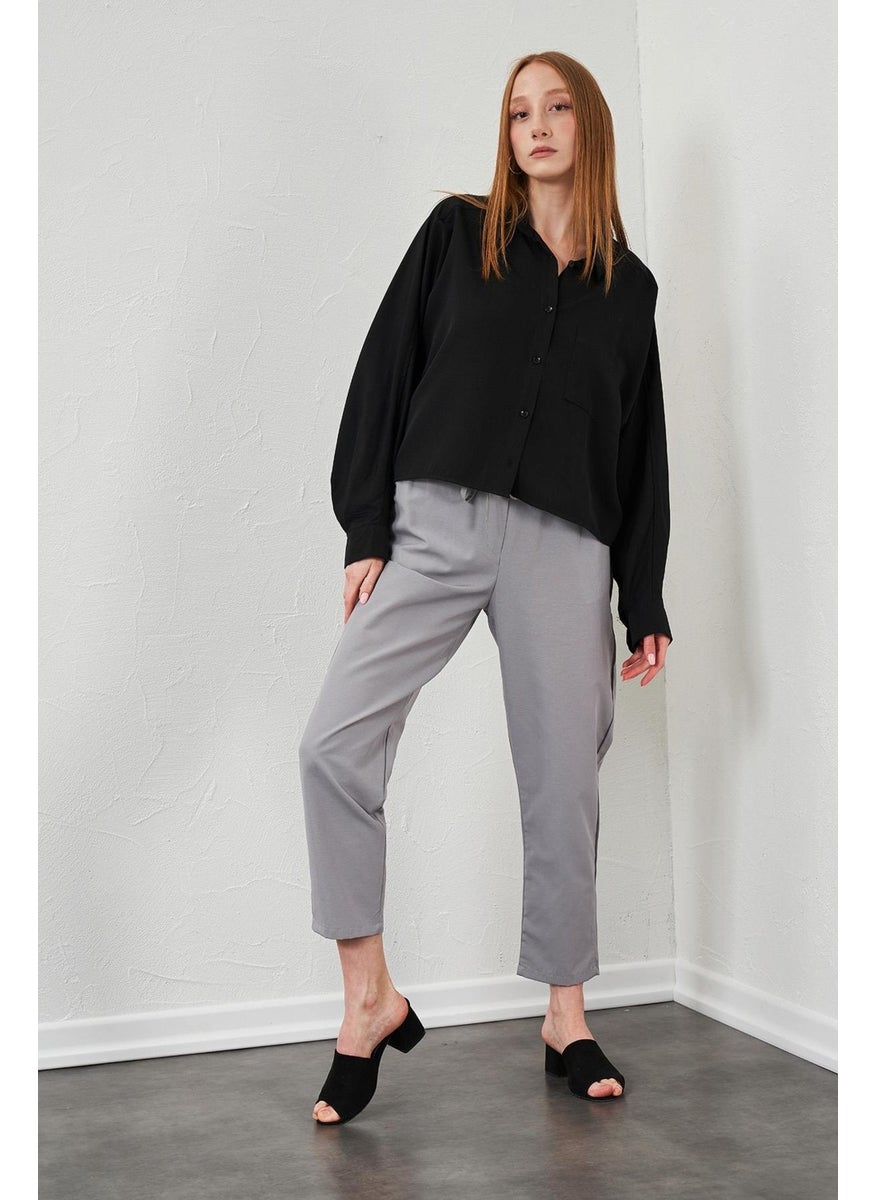 Women's Gray Tie Waist Carrot Leg Poplin Trousers