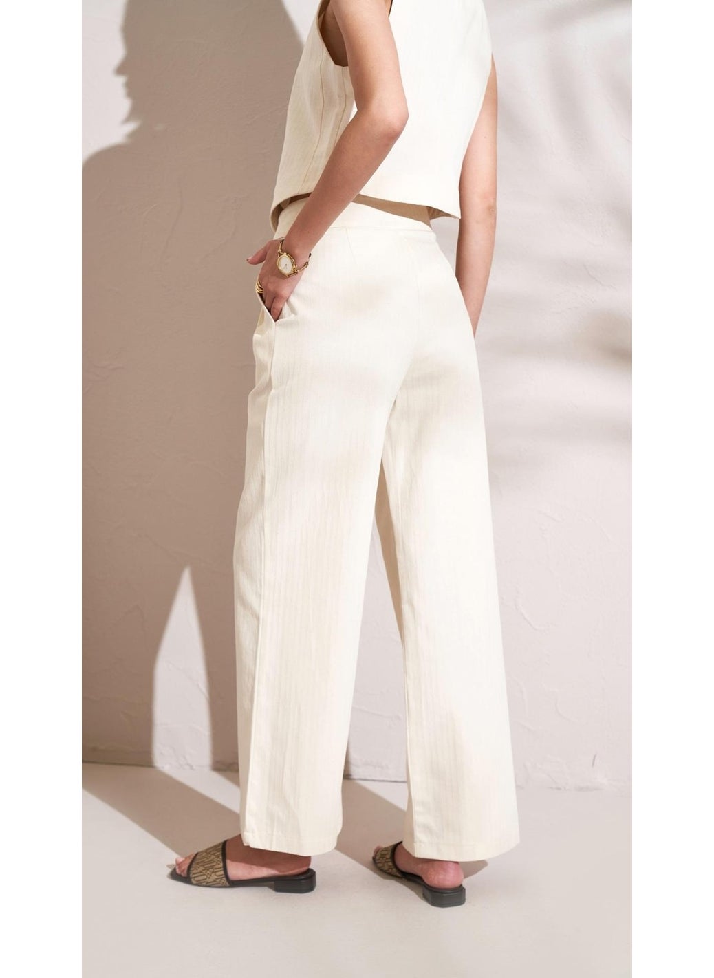 Women's Natural Front Double Pleated Palazzo Herringbone Gabardine Fabric Trousers