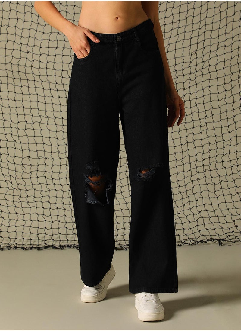 Women's Black 100% Cotton Distressed Full Length Baggy Fit Jeans