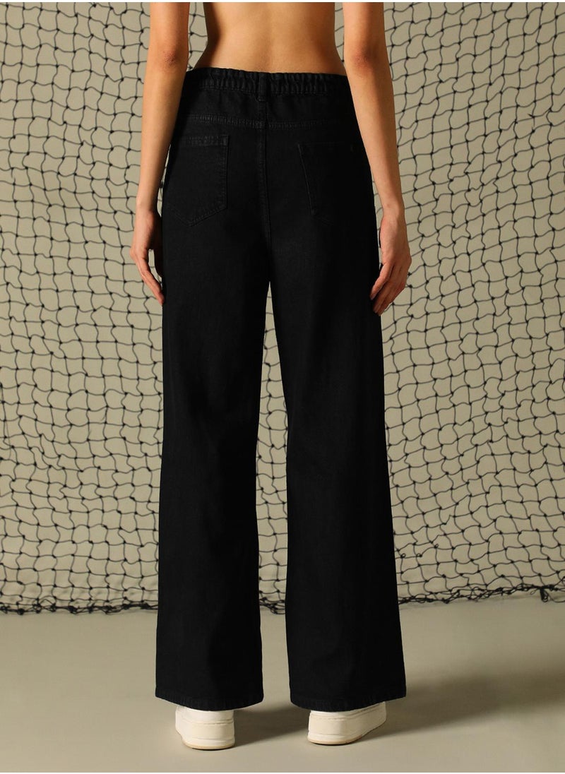 Women's Black 100% Cotton Distressed Full Length Baggy Fit Jeans