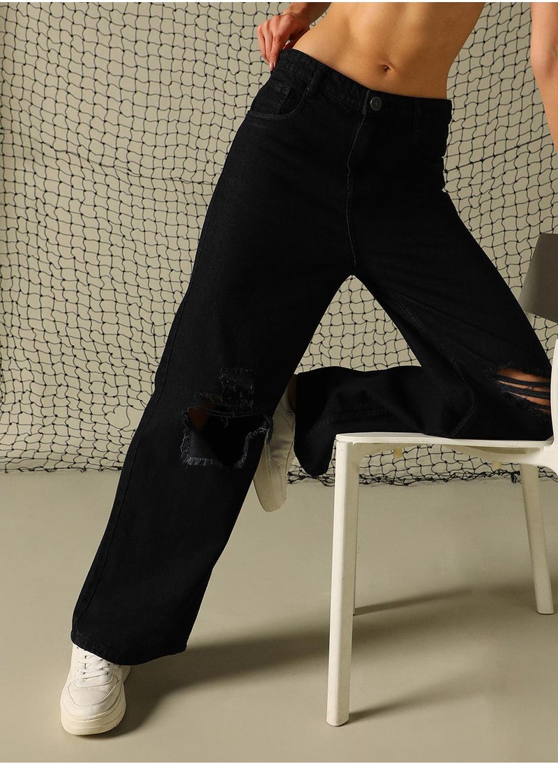 Women's Black 100% Cotton Distressed Full Length Baggy Fit Jeans