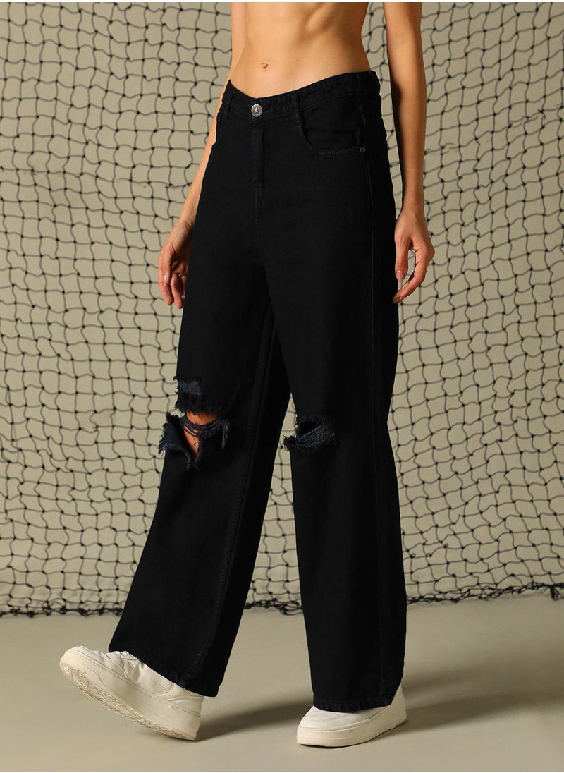 Women's Black 100% Cotton Distressed Full Length Baggy Fit Jeans