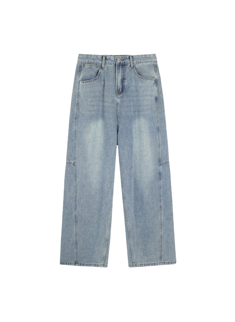 Retro High-Waist Spliced Jeans for Plus Size Women Denim blue