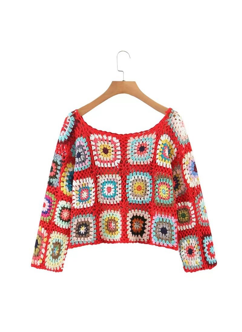 Autumn/Winter Yunnan Dali Tourism Original Handmade Vintage Ethnic Style Crochet Rainbow Long Sleeve Sweater Hollow Top Womens Red