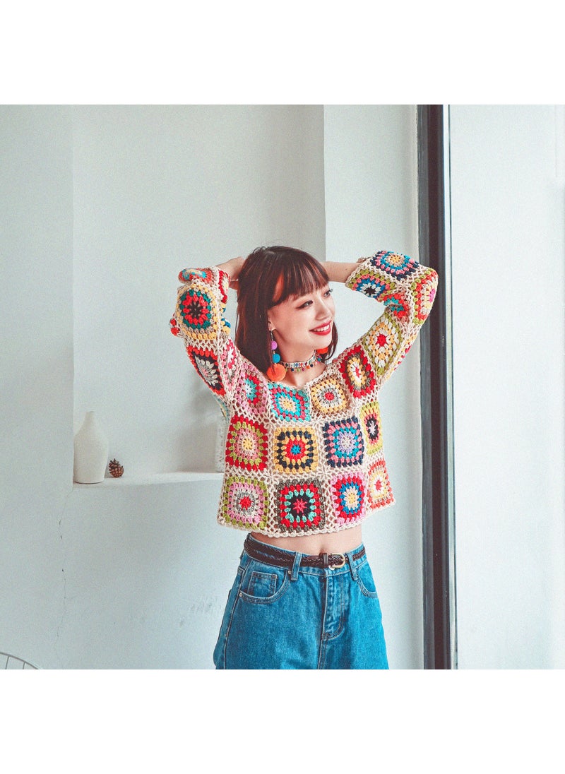 Autumn/Winter Yunnan Dali Tourism Original Handmade Vintage Ethnic Style Crochet Rainbow Long Sleeve Sweater Hollow Top Womens White