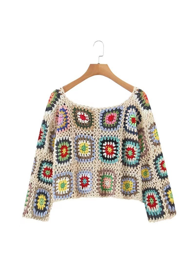 Autumn/Winter Yunnan Dali Tourism Original Handmade Vintage Ethnic Style Crochet Rainbow Long Sleeve Sweater Hollow Top Womens White
