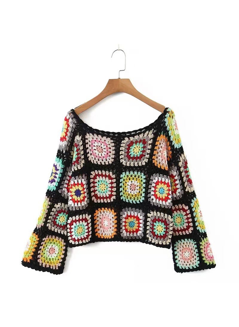 Autumn/Winter Yunnan Dali Tourism Original Handmade Vintage Ethnic Style Crochet Rainbow Long Sleeve Sweater Hollow Top Womens Black