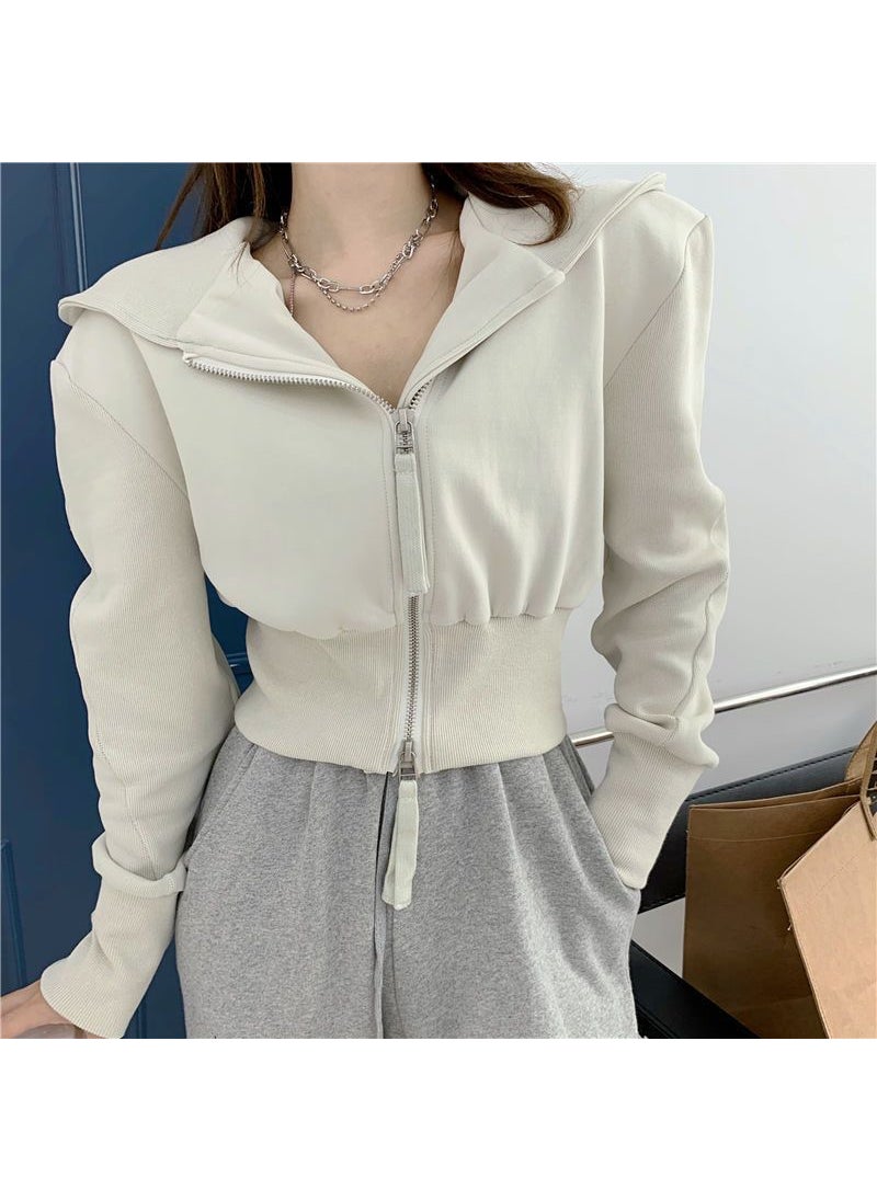 White Loose-fit Cropped Sweatshirt Womens Petite Niche Zip-up Hooded Cardigan Sports Jacket Creamy-white ()