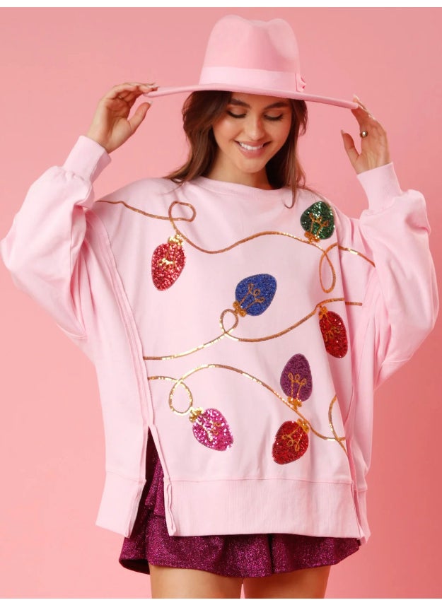 2024 New Womens Casual Loose-Fit Long Sleeve Pullover Sweatshirt Autumn/Winter Independent Station Bright Sequin Crew Neck Top Pink