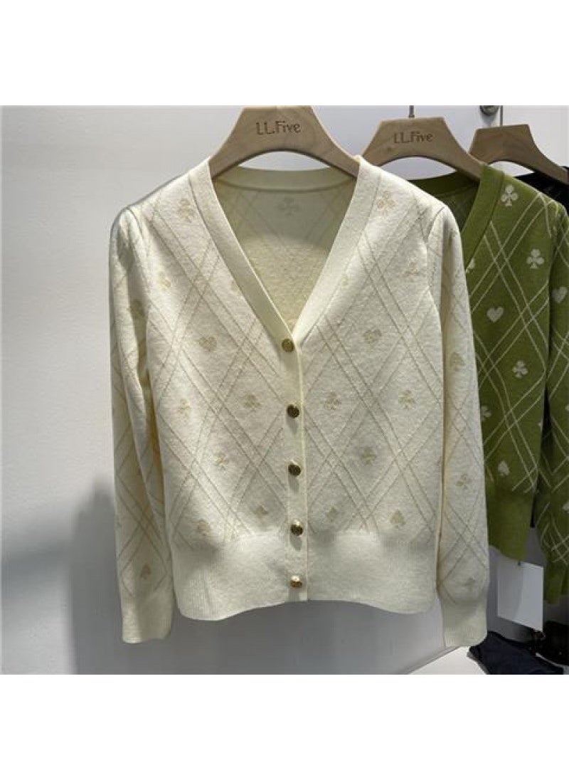 Fashionable Long Sleeve Knitted Cardigan Womens Spring Autumn Retro Sweater Small Fragrance Style Outerwear V-neck Polyester Fiber