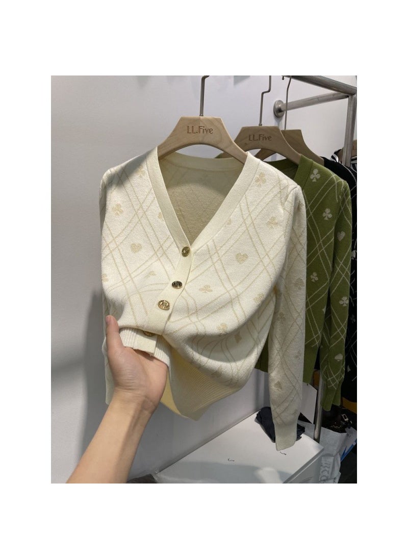 Fashionable Long Sleeve Knitted Cardigan Womens Spring Autumn Retro Sweater Small Fragrance Style Outerwear V-neck Polyester Fiber