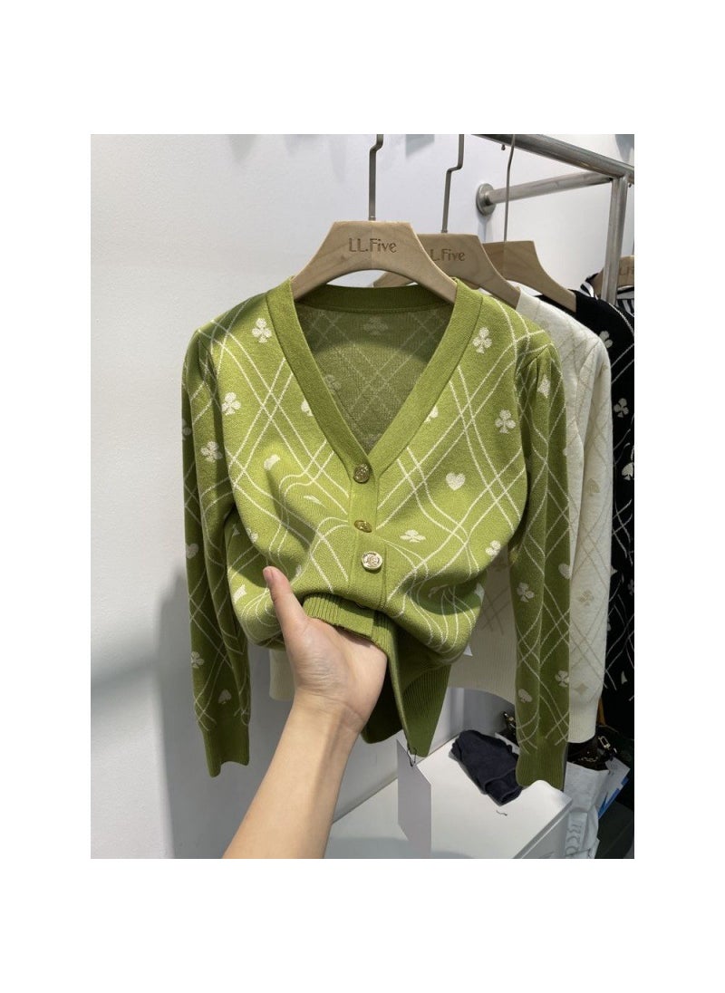 Fashionable Long Sleeve Knitted Cardigan Womens Spring Autumn Retro Sweater Small Fragrance Style Outerwear V-neck Polyester Fiber