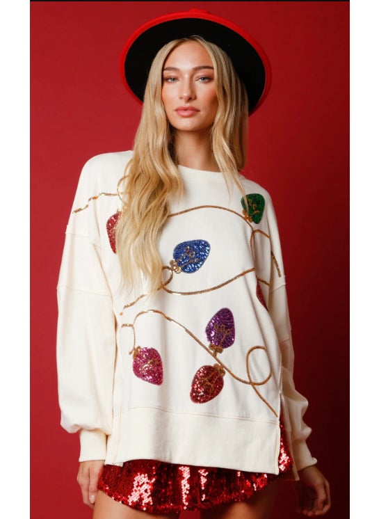 2024 New Womens Casual Loose-Fit Long Sleeve Pullover Sweatshirt Autumn/Winter Independent Station Bright Sequin Crew Neck Top Ivory White
