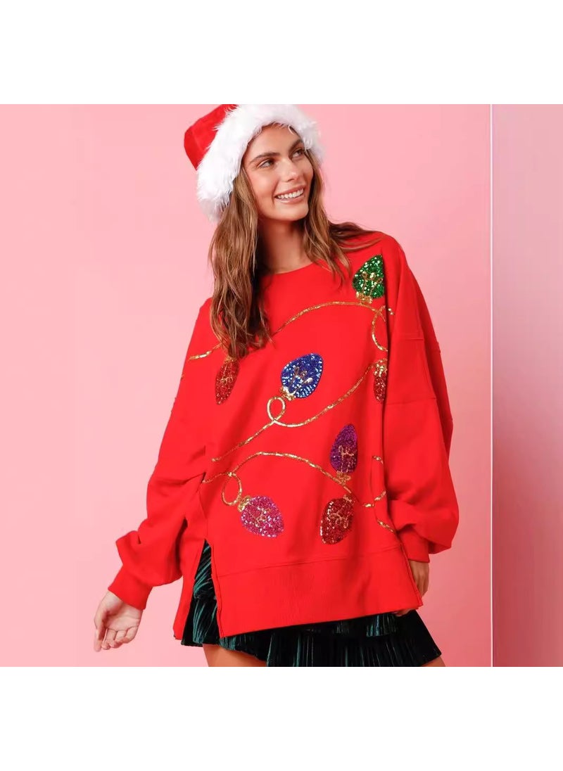 2024 New Womens Casual Loose-Fit Long Sleeve Pullover Sweatshirt Autumn/Winter Independent Station Bright Sequin Crew Neck Top Green