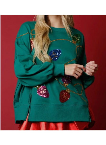 2024 New Womens Casual Loose-Fit Long Sleeve Pullover Sweatshirt Autumn/Winter Independent Station Bright Sequin Crew Neck Top Green