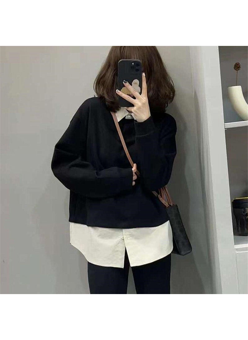 Womens Slimming Loose-fit Hoodie Top Design Sensibility Niche Long Sleeve Shirt Casual Two-piece Illusion Black