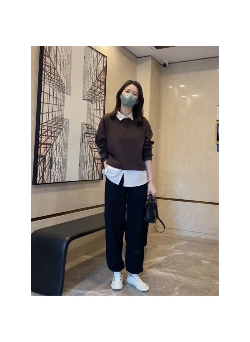 Womens Slimming Loose-fit Hoodie Top Design Sensibility Niche Long Sleeve Shirt Casual Two-piece Illusion Black