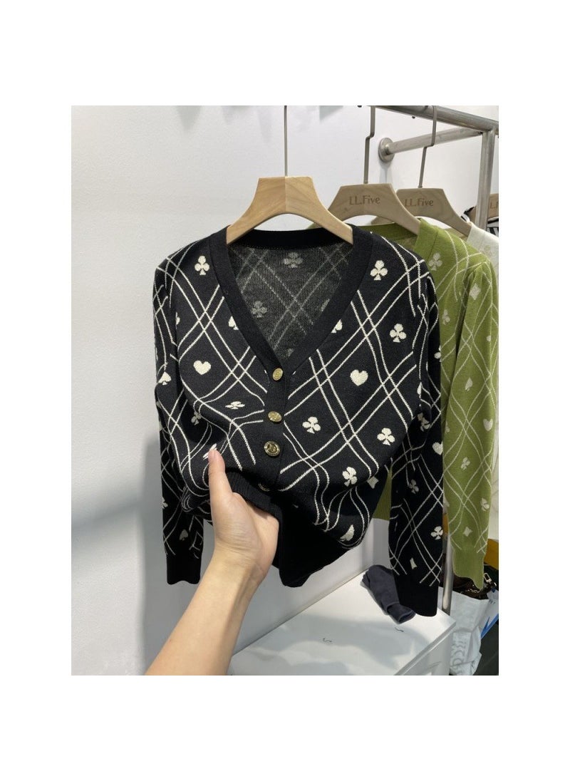Fashionable Long Sleeve Knitted Cardigan Womens Spring Autumn Retro Sweater Small Fragrance Style Outerwear V-neck Polyester Fiber